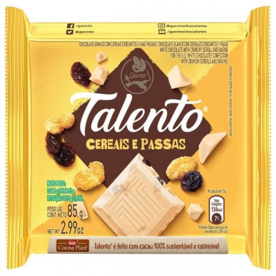 CHOCOLATE TALENTO BRANCO CEREAIS PASSAS 85 GRAMAS