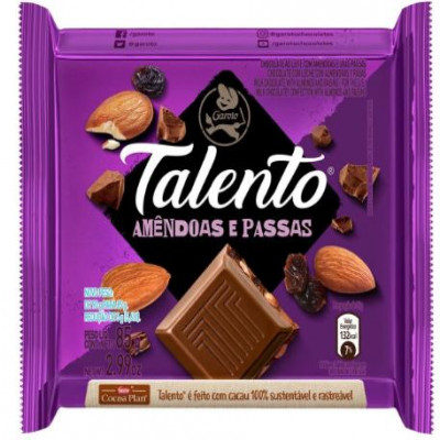 CHOCOLATE TALENTO AMÊNDOAS E PASSAS 85GRAMAS