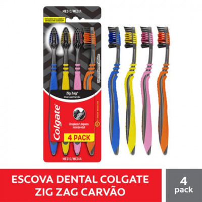 ESCOVA DENTAL COLGATE ZIG ZAG CARVÃO PACK COM 4