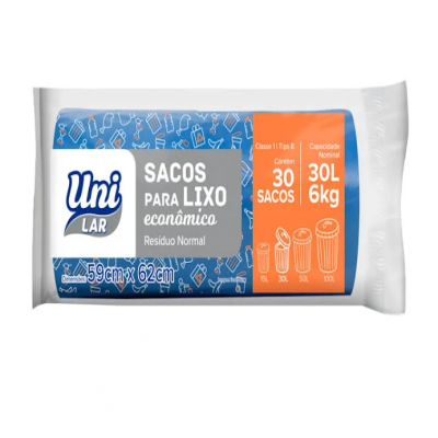 SACO LIXO UNI LAR ROLO 30L COM 30 UNIDADES