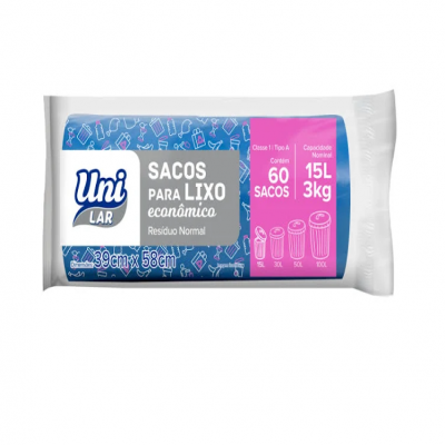 SACO LIXO UNI LAR ROLO 15L COM 60 UNIDADES