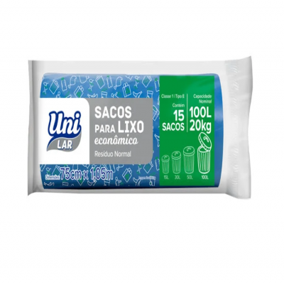 SACO LIXO UNI LAR ROLO 100L COM 15 UNIDADES