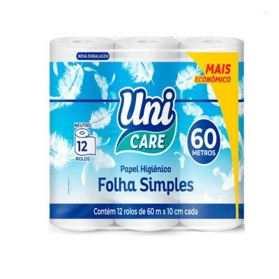 PAPEL HIGIENICO UNI CARE FOLHA SIMPLES 60M COM12