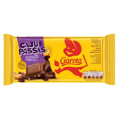 CHOCOLATE GAROTO AO LEITE CAJU PASSAS 80GR