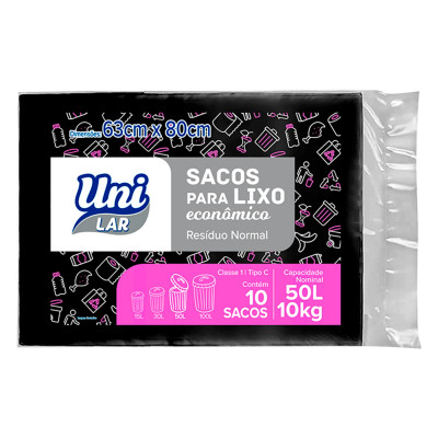 SACO LIXO UNI LAR ALMOFADA 50L COM 10 UN