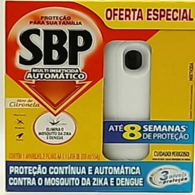 MULTI INSETICIDA AUTOMÁTICO SBP CITRONELA COM 1 APARELHO 2 PILHAS AA E 1 LATA DE 250 ML