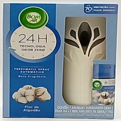 AROMATIZADOR AUTOMÁTICO BOM AR FRESHMATIC FLOR DE ALGODÃO COM 1 APARELHO COM PILHA + REFIL 250 ML