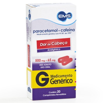 PARACETAMOL + CAFEÍNA GENÉRICO 500+65MG EMS 20 COMPRIMIDOS