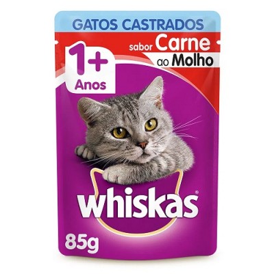 RAÇÃO WHISKAS GATOS CASTRADOS CARNE AO MOLHO 85G