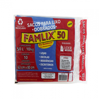 SACO LIXO FAMLIX AZUL 50L 10 UNIDADES