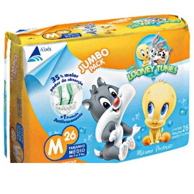 FRALDA DESCARTÁVEL LOONEY TUNES JUMBO PACK M COM 26 UNIDADES