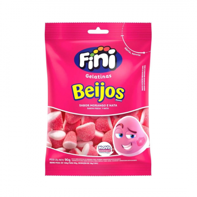 BALA FINI GELATINA BEIJOS SABOR MORANGO E NATA 90 G