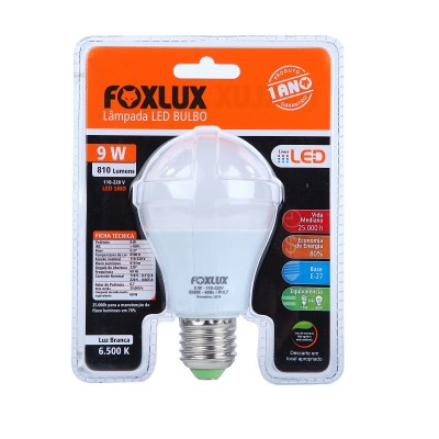 LÂMPADA LUZ BRANCA FOXLUX LED BULBO BIVOLT 9W