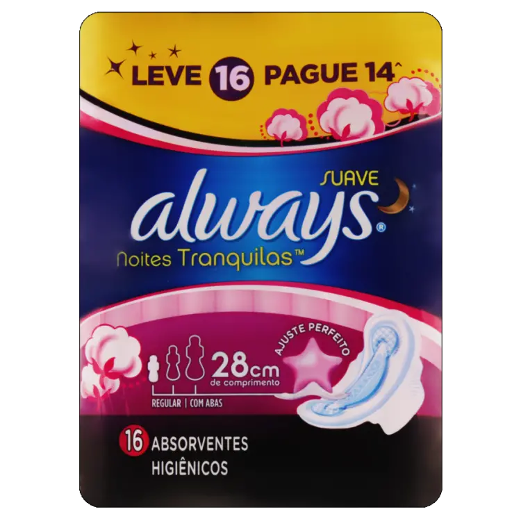 ABSORVENTE ALWAYS PINK NOTURNO C/ ABAS LEVE 16 UNIDADES PAGUE 14