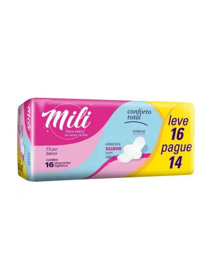 ABSORVENTE MILI SUAVE CONFORTO TOTAL COM ABAS LEVE 16 PAGUE 14 UNIDADES