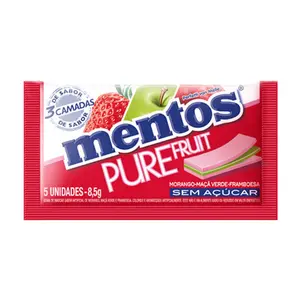 CHICLETE MENTOS PURE FRUIT 3 MORANGO 8,5G