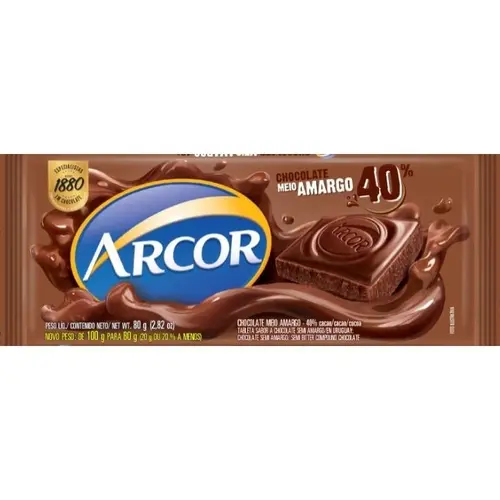 CHOCOLATE ARCOR MEIO AMARGO 40% 80G