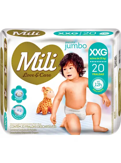 FRALDAS MILI LOVE CARE JUMBO XXG PACOTE COM 20 UNIDADES