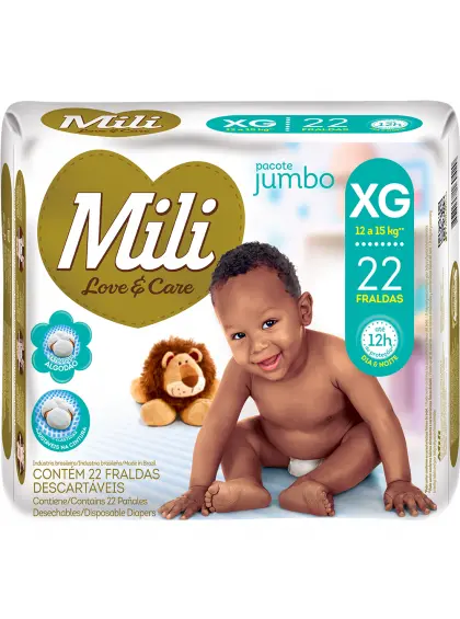 FRALDAS MILI LOVE & CARE JUMBO XG COM 22 UNIDADES