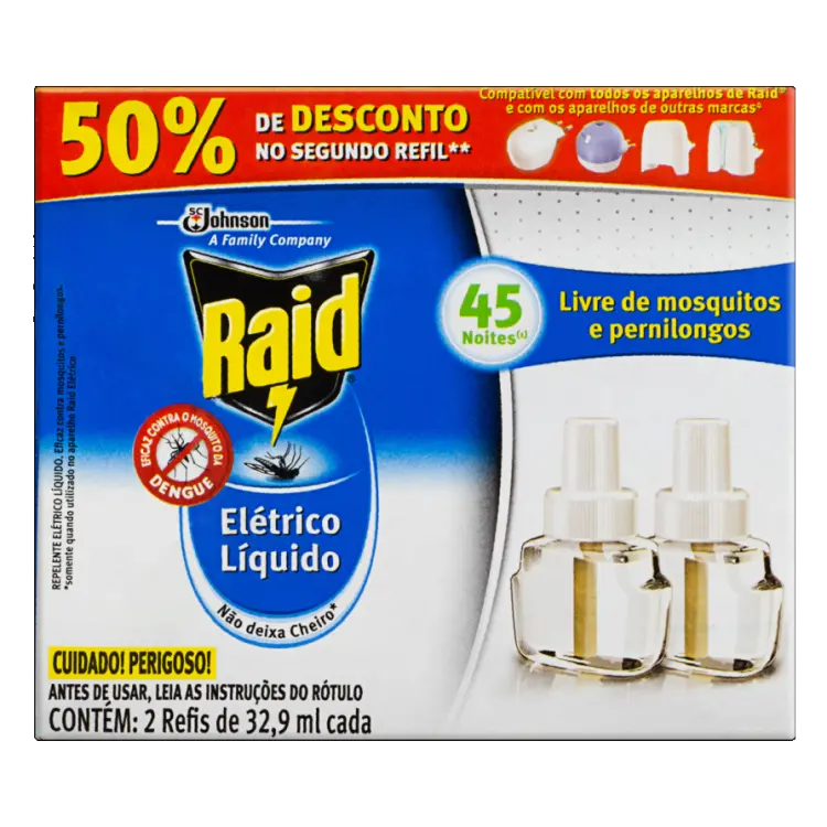 INSETICIDA REFIL RAID 45 NOITES 50% DESCARTÁVEL 2 UN