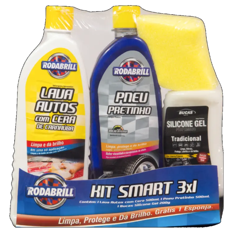 KIT SMART 3X1 RODABRILL - (LAVA AUTO COM CERA/PNEU PRETINHO/SILICONE/ESPONJA)