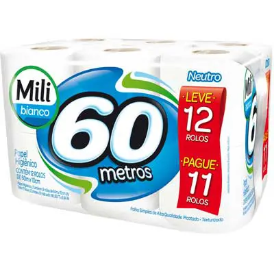 PAPEL HIGIÊNICO MILI BIANCO LEVE 12 PAGUE 11 60 METROS