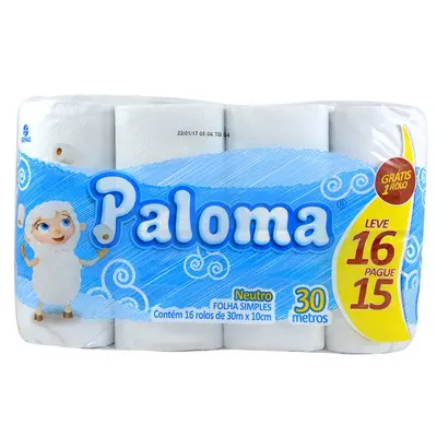 PAPEL HIGIÊNICO PALOMA FOLHA SIMPLES LEVE 16 PAGUE 15 30M