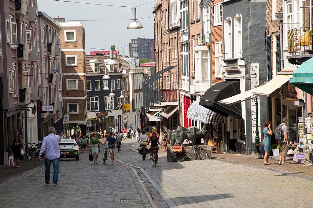 A street-level photo of a crowded, narrow street in Nijmegen, The Netherlands.