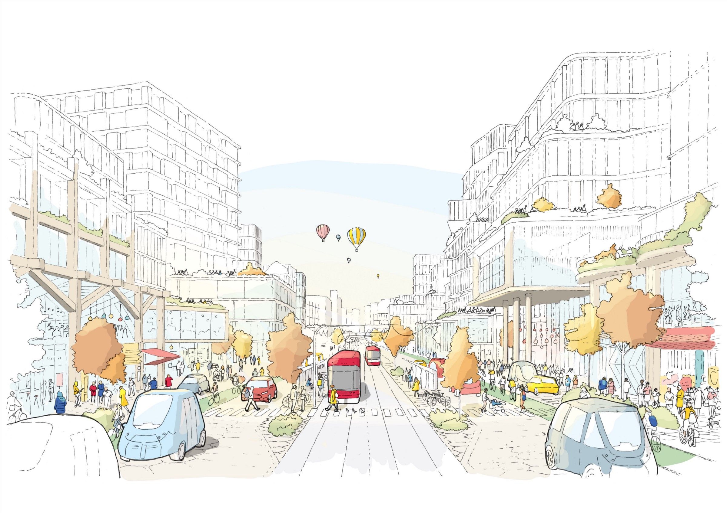 An illustration of a lively, futuristic street with streetcars, bikes, shops, pedestrians.