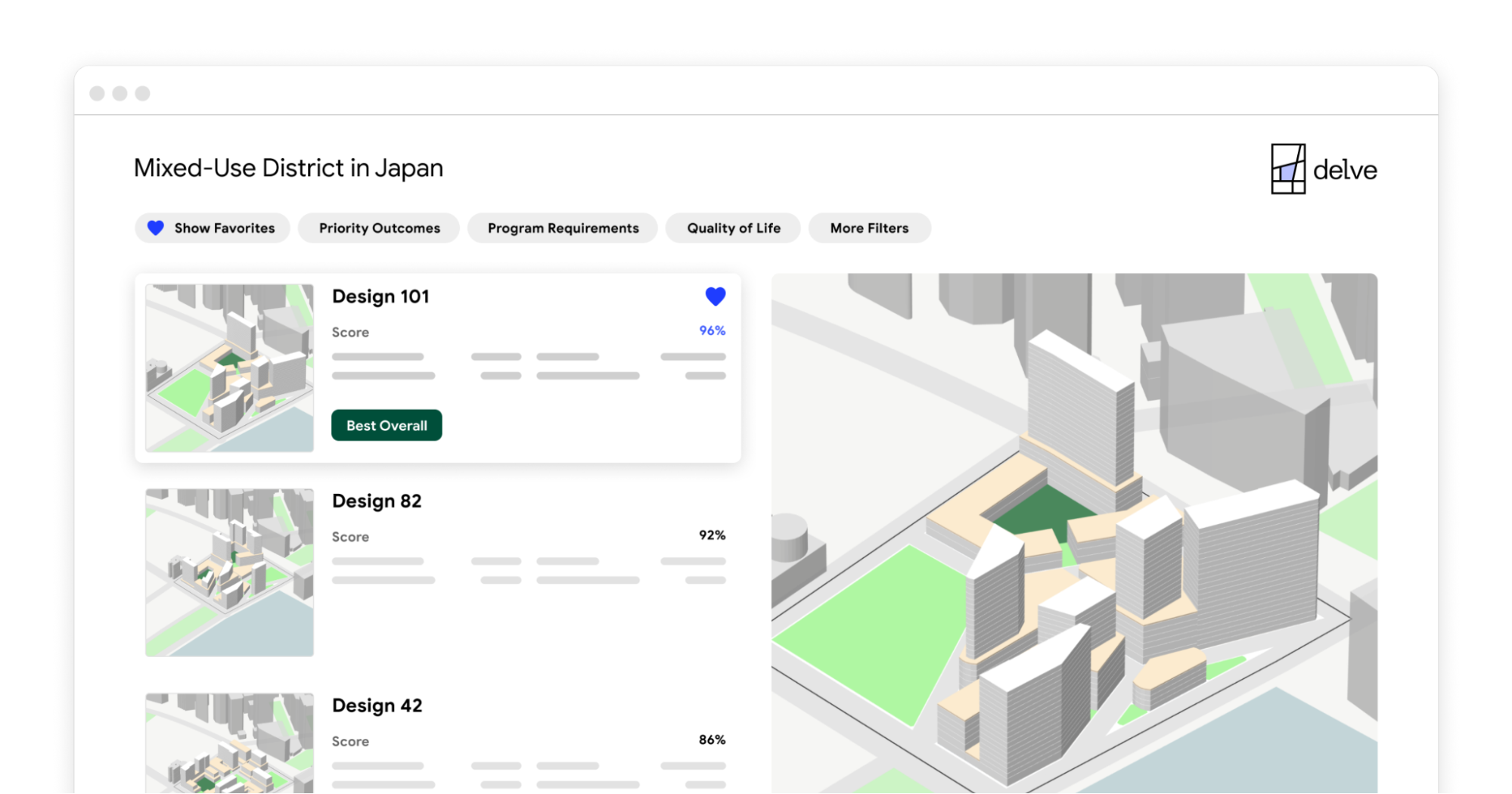 Screenshot shows multiple urban planning layouts for a mixed-use district in Japan.