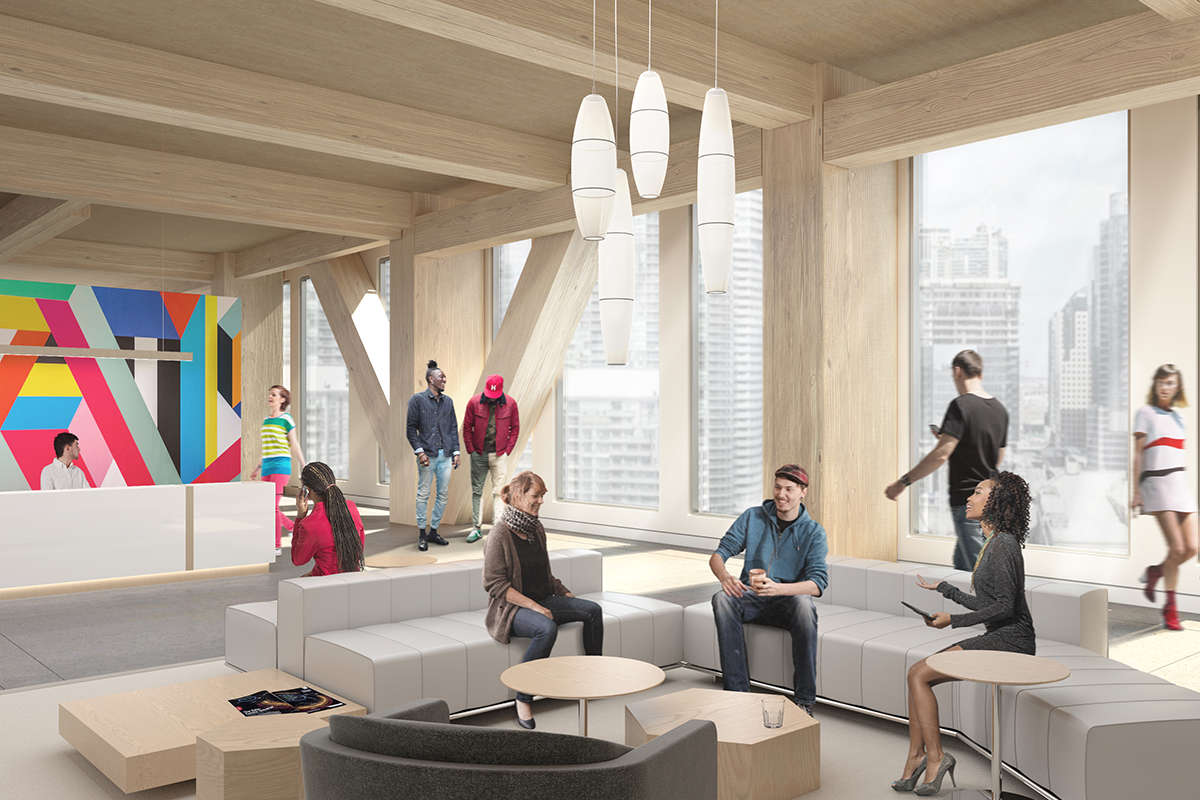 Interior rendering of an office reception area in Proto Model X, a prototypical timber building.
