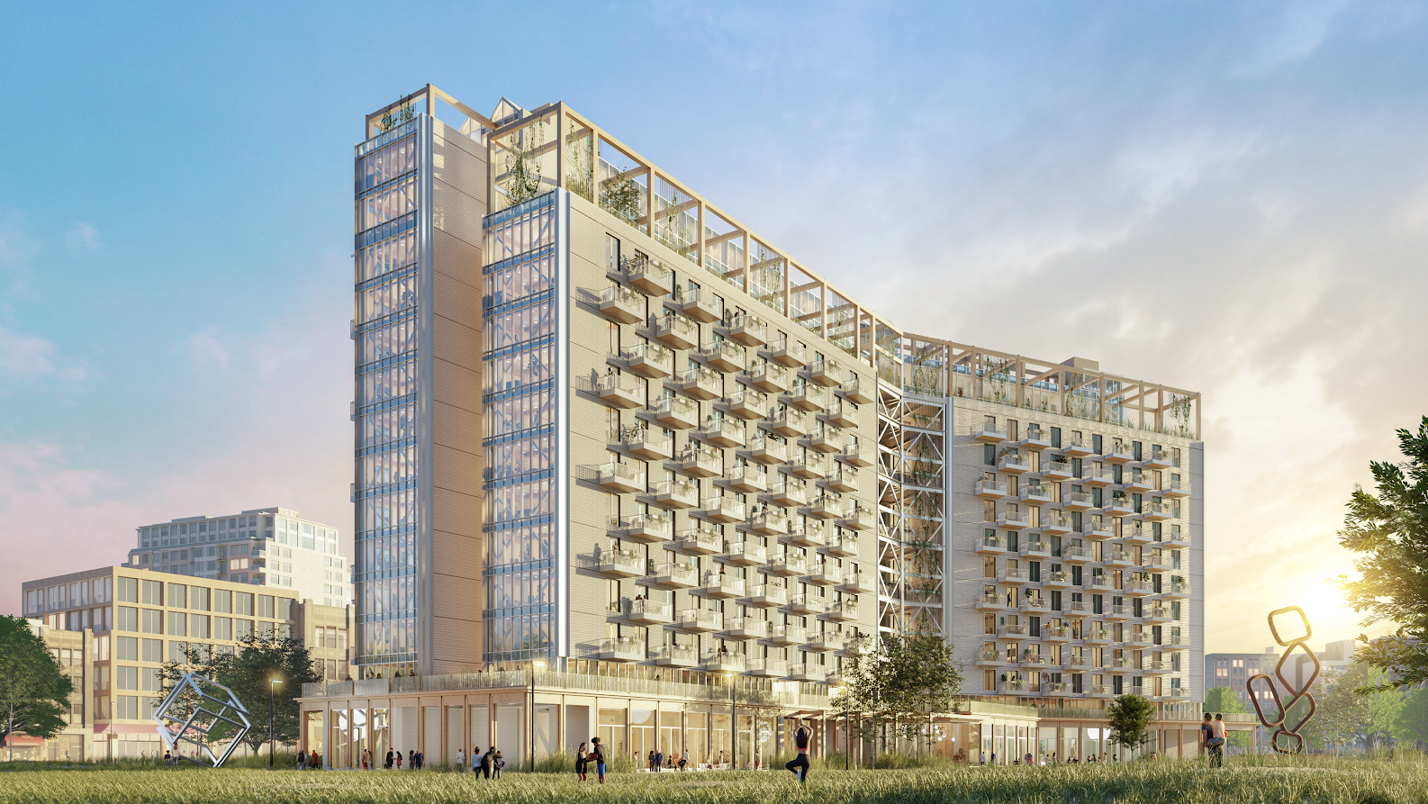 A rendering of a mass timber building