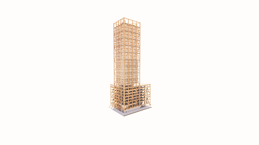 Gif shows 360 view of a building with a wooden exoskeleton.