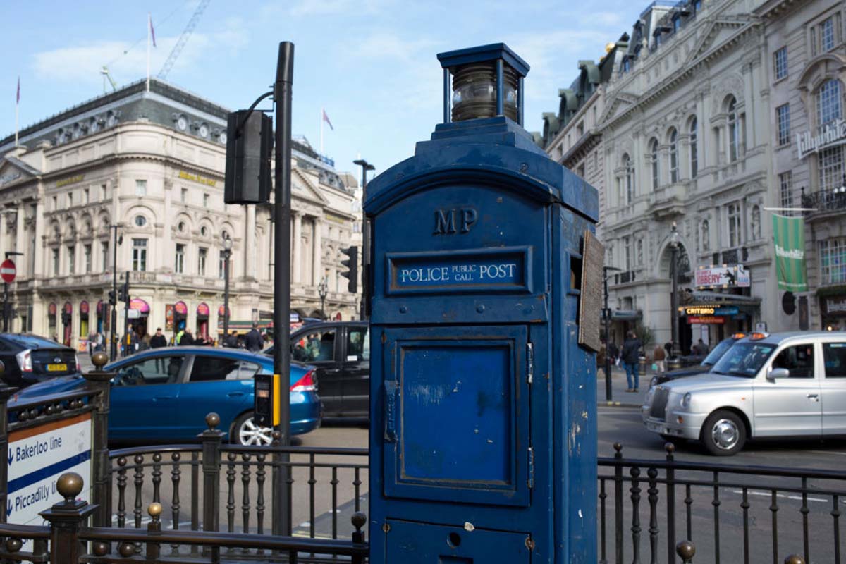 an old police box in London's Piccadilly Circus