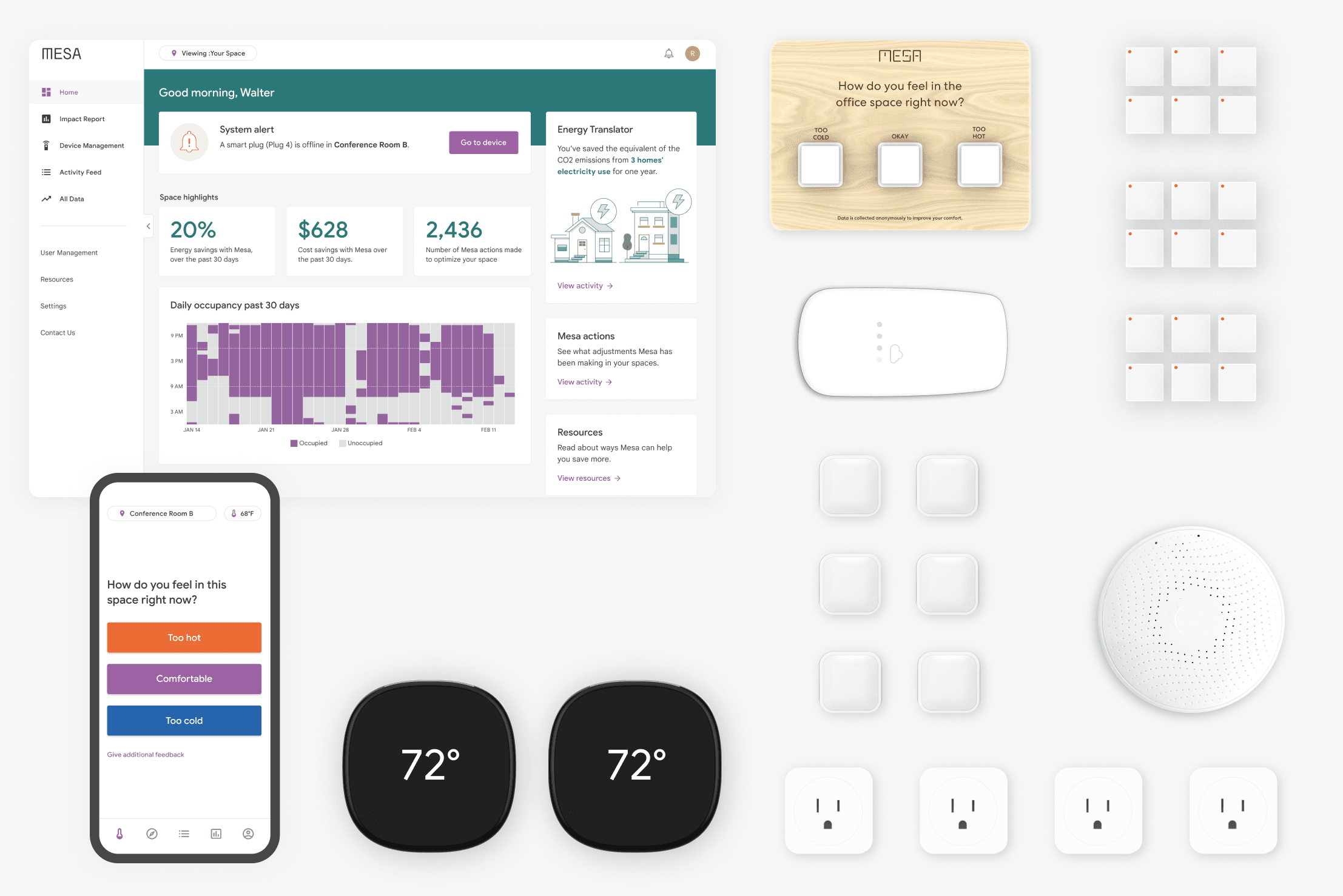 Mesa energy management kit for commercial buildings with thermostats, sensors, plugs, cloud connector,  and comfort buttons.