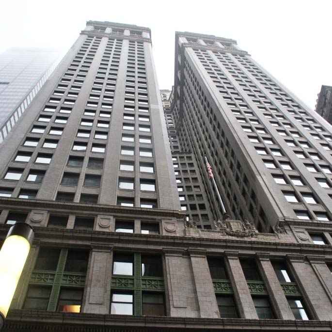 View of a large skyscraper from below