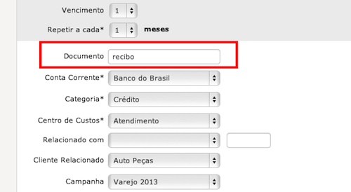 Campo documento no lançamento