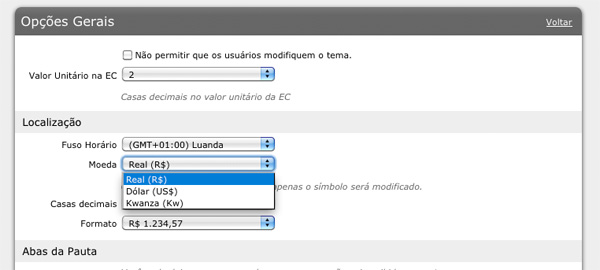 Configuração de moedas no sistema