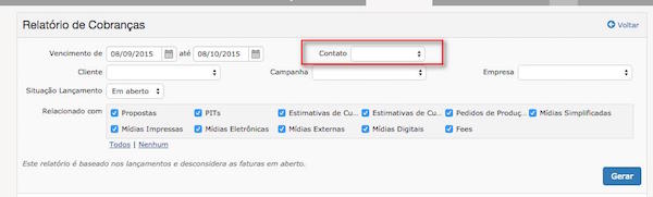 Filtro do relatório de cobranças