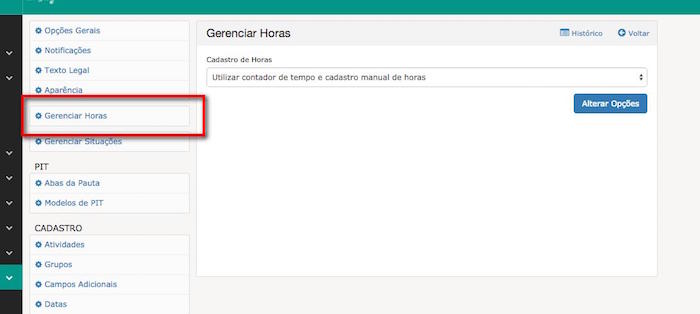 Gerenciar horas nas opções do sistema