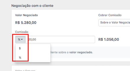 Opção de porcentagem nas comissões