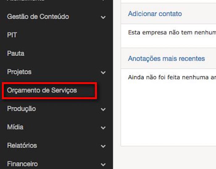 Orçamentos de serviço no menu do sistema