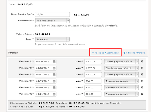 Parcelamento automático nos documentos