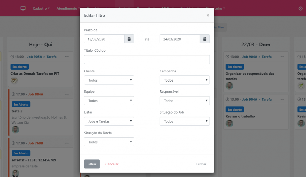 Filtro na pauta kanban
