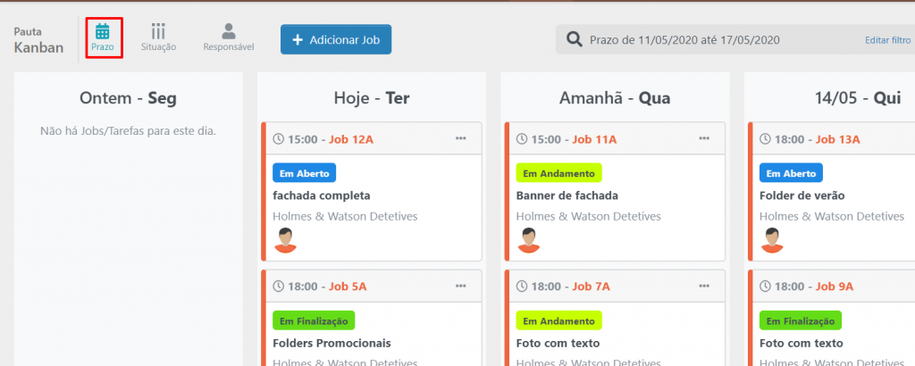 Pauta kanban por prazo