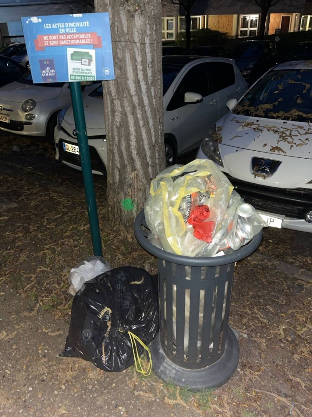 Poubelle municipale pleine et débordante.
