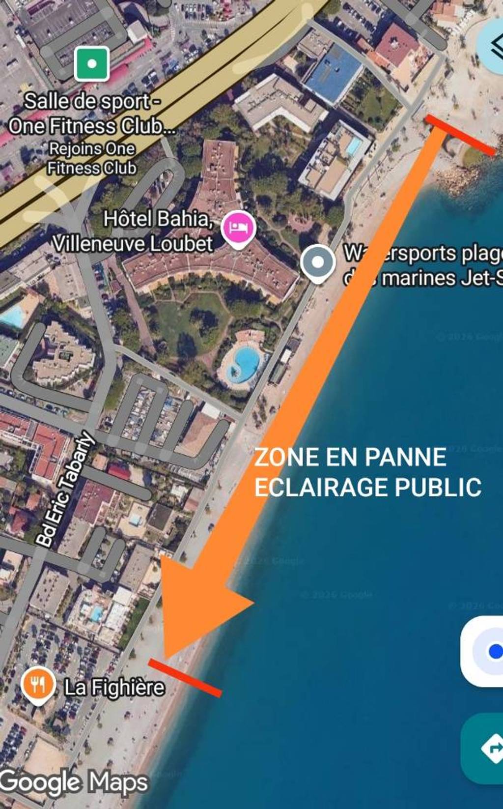 Éclairage défaillant Promenade Baie des Anges
