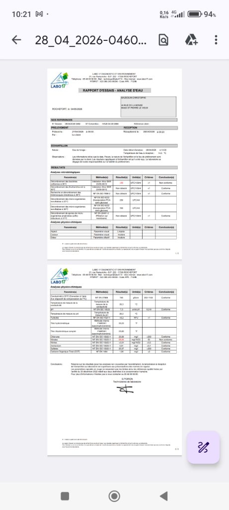 Signalement Pollution bactérienne forage 12 mètres