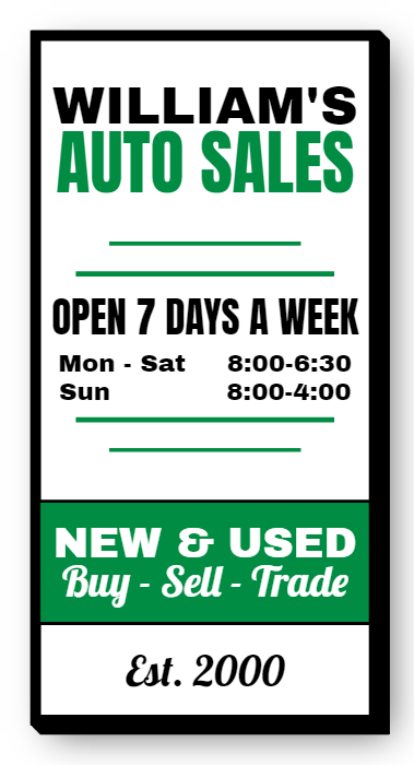 William's Auto Sales Single Face Lit Cabinet Sign