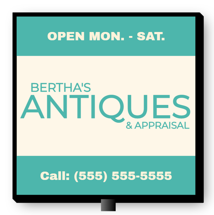 Bertha's Antiques & Appraisal Double Faced Lit Cabinet Sign
